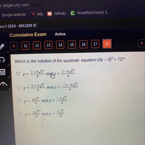 Which is the solution of the quadratic equation (4y - 3)2 = 72?
pls help i’m timed