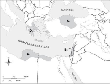 Which letter on the map represents the Aegean Sea, the area where early Greek civilization develope