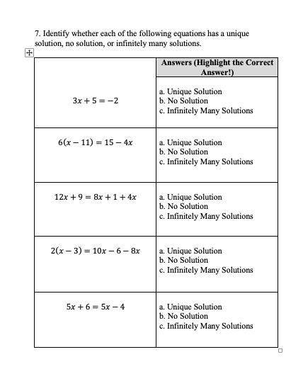 Identify whether each of the following equations has a unique solution, no solution, or infinitely