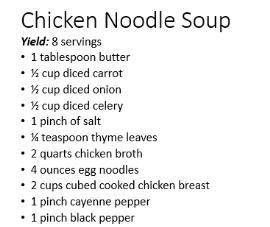A recipe for chicken noodle soup is shown.

How many servings could you make if you had 3/4 cup of
