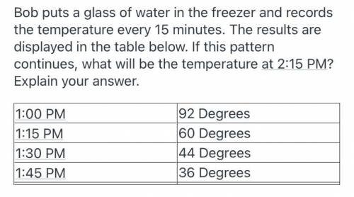 Help ASAP

Bob puts a glass of water in the freezer and records the temperature every 15 minutes.
