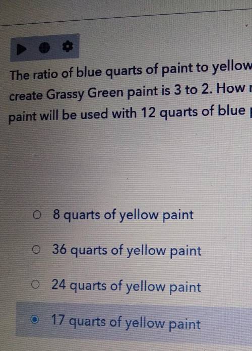 The ratio of blue Quarts of yellow quarts of paint used to create grassy green paint is 3 to 2 how
