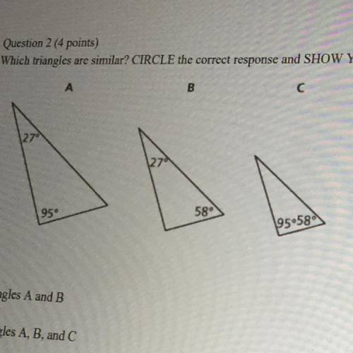 I NEED HELP RIGHT NOW

Which triangles are similar? CIRCLE the correct response and SHOW YOUR WORK