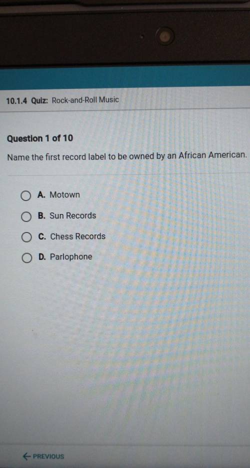 Question 1 of 10 Name the first record label to be owned by an African American. O A. Motown O B. S