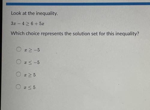Look at the inequality.

3x-4> 6+5x
_
Which choice represents the solution set for this inequal