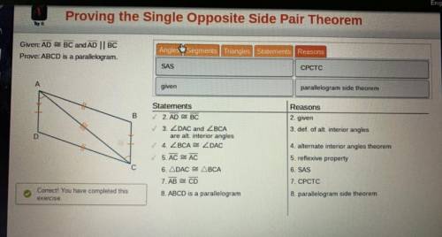 Proving the Single Opposite Side Pair Theorem

Try it
Given: AD BC and AD || BC
Prove: ABCD is a p