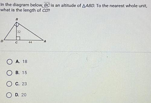 In the diagram below BC is an altitude of ABD. To the nearest whole unit, what is the length of CD?