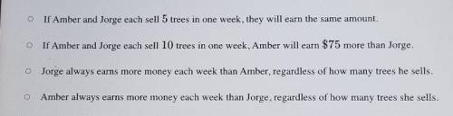 Amber earns $150 a week plus $10 for each tree she sells. The equation y = 25x + 75 represents the