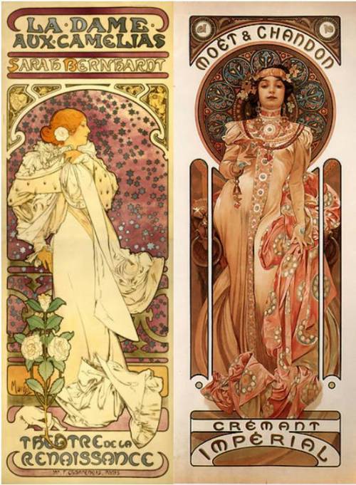 Explain the aspects of Art Nouveau in Alfred Mucha advertising posters La Dame aux Camelias and Mo