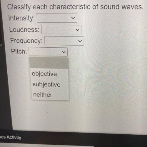 Classify each characteristic of sound waves.
Intensity:
Loudness:
Frequency:
Pitch: