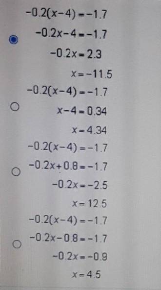 Which method correctly solves the equation using the distributive property?-0.2(×-4)= -1.7