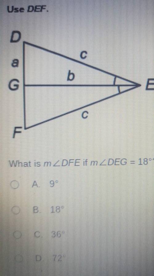 What is the measure of DFE if the measure of DEG is 18°