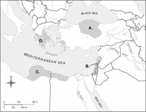 Which letter on the map represents the Peloponnesian Peninsula where the Greek city-states develope