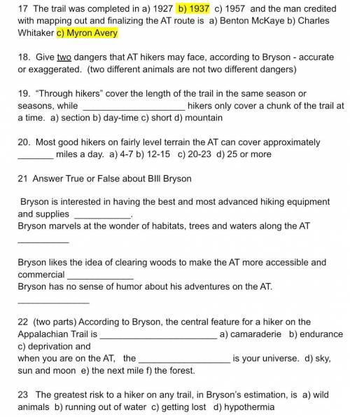 A Walk in the Woods: Appalachian Trail Book by Bill Bryson

I need help answering this questions.