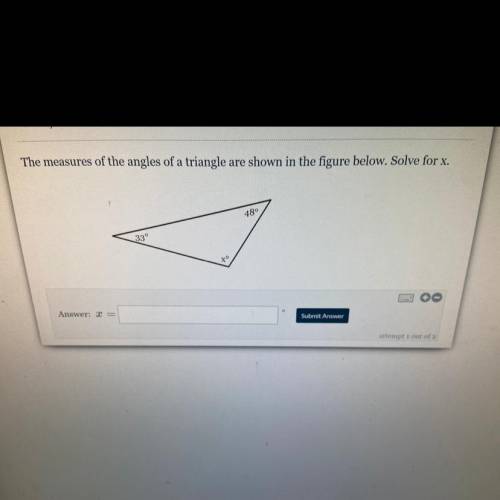 The measures of the angles of a triangle are shown in the figure below. Solve for x.

480
33°
*