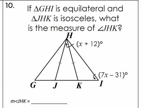 If angle GHI is equilateral and angle JHK is isosceles, what is the measure of JHK?