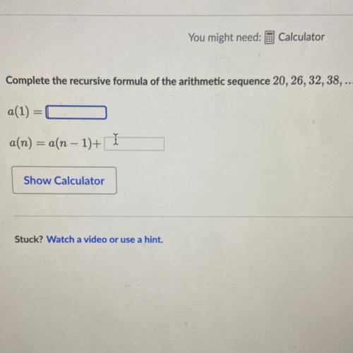 Complete the recursive formula of the arithmetic sequence 20, 26, 32, 38, ....