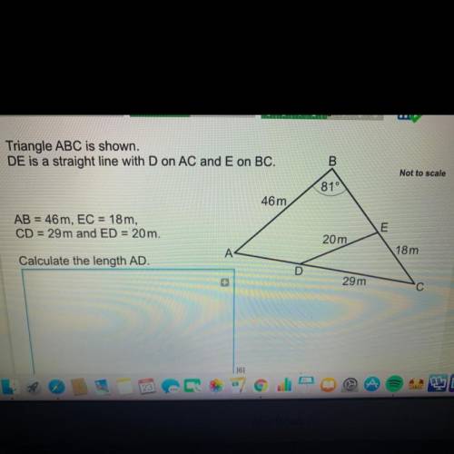 Triangle ABC is shown. DE is a straight line with D on AC and E on BC AB = 46m, EC = 18m, CD = 29m