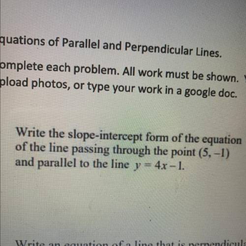 Write the slope-intercept form of the equation of the line passing through the point (5, - 1) and p
