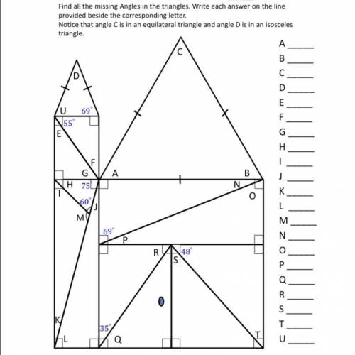 Missing Angles in Triangles Worksheet

Find all the missing angles A-U. 
Notice that angle C is an