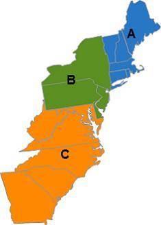 Match the name of each region with its correct location.

New England 
Middle Colonies 
Southern C