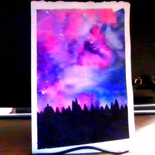 My art teacher asked us to paint a galaxy theme, so I did a galaxy over a forest, does it look wort