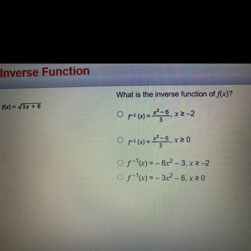 I WILL GIVE BRAINLIEST

Given the function: f(x)= 3x+6. What is the inverse function of f(x)￼￼?
Th