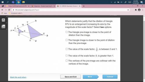 Which statements justify that the dilation of triangle STU is an enlargement increasing its size by