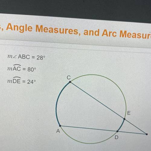 Explore the properties of angles and arcs

formed by two intersecting secants.
m2 ABC = 28°
1. Fin