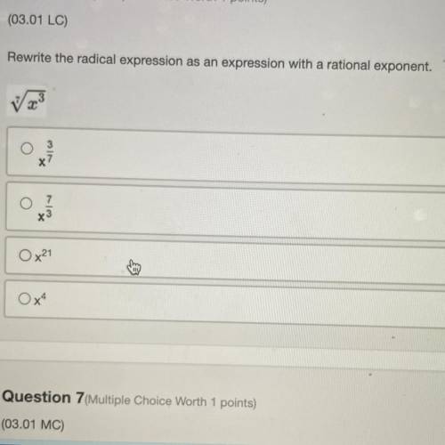 Rewrite the radical expression as an expression with a rational exponent.
pls help