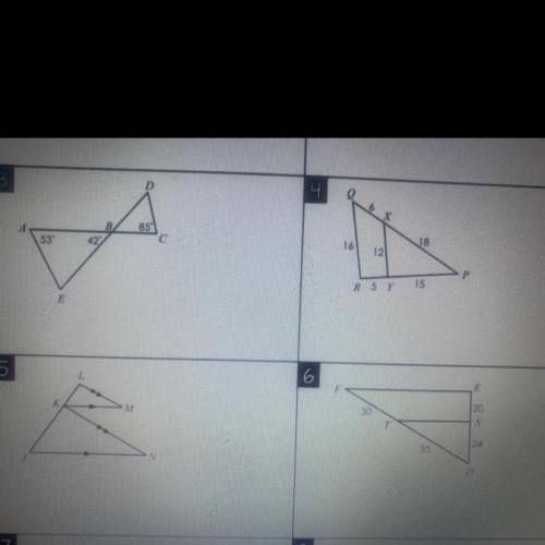 for questions 3 & 4. Determine whether the triangles are similar. If similar, state how (SA, SS