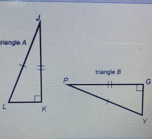 Frank shows that triangle A is congruent to triangle B by rotating triangle A around

point J and
