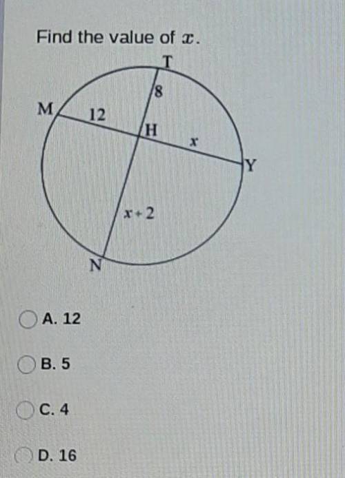Help is much appreciated!!Find the value of T.A. 12 B. 5 C. 4 D. 16
