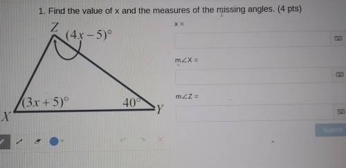 Find the value of x and the measures of the missing angles
