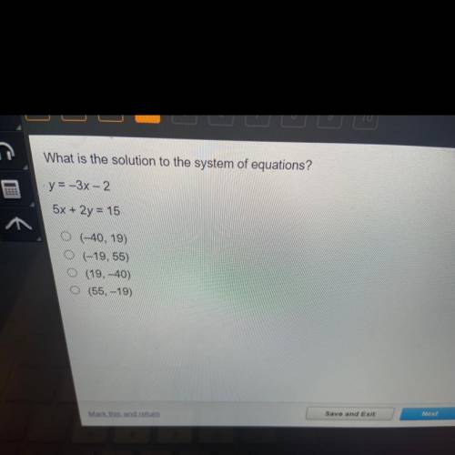 What Is the solution to the system of equations? Y=-3x-2
5x+2y=15