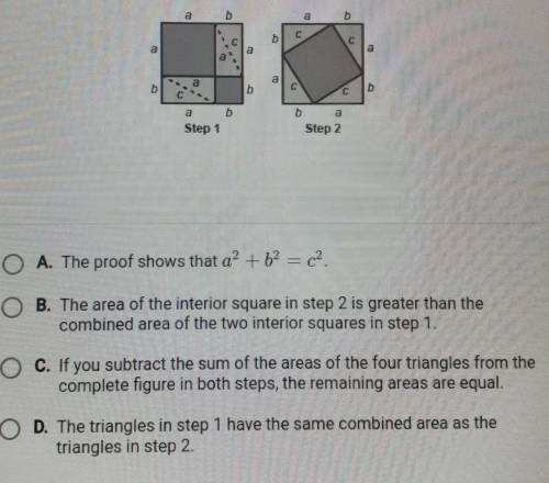 These two images show steps in a proof of the pythagorean theorem. Which of the following statement