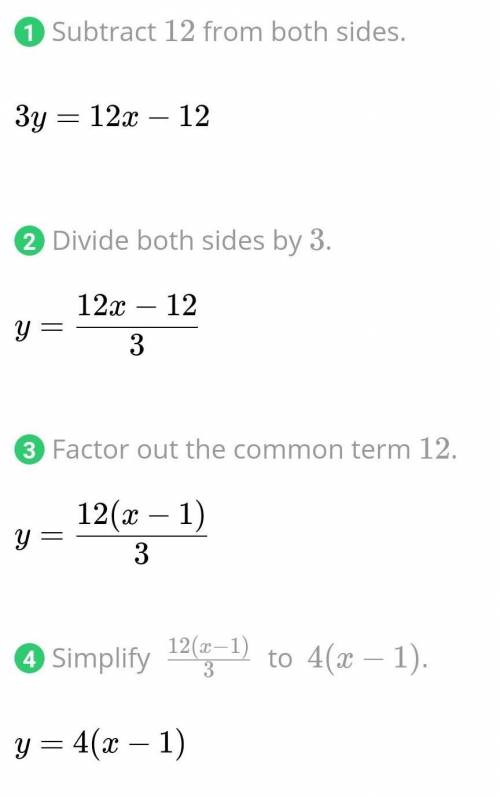 Solve for y
12 + 3y = 12x
