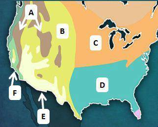 Which climate region is labeled with the letter A on the map above?

A.
humid subtropical
B.
Medit