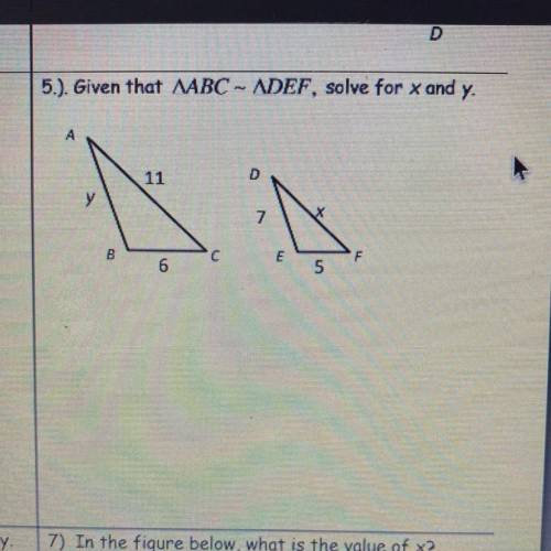 Given that triangle ABC ~ triangle DEF, solve for x and y