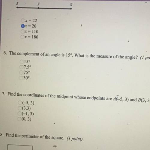 Easy question!!! The complement of an angle is 15°. What is the measure of the angle? (1 point)

1