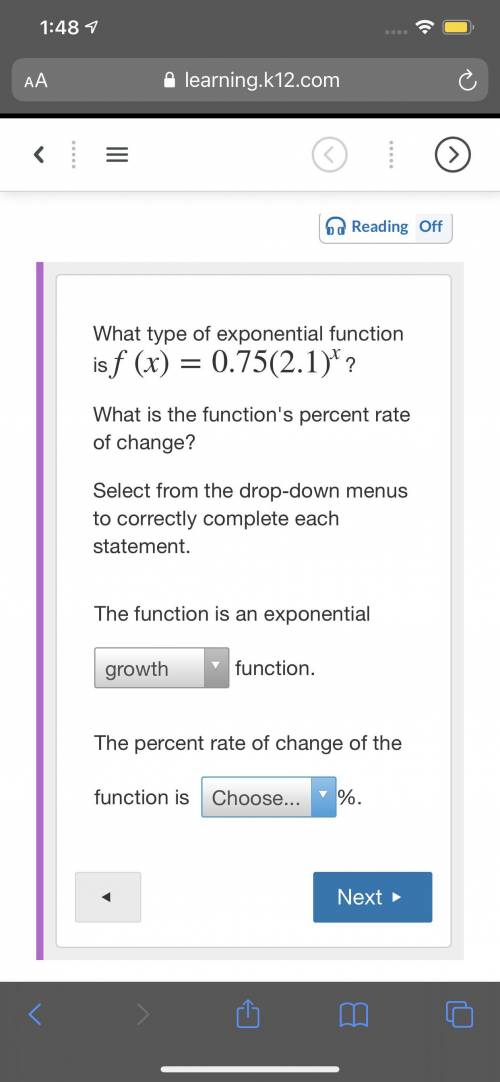 What type of exponential function is f(x)=0.75(2.1)x

What is the function's percent rate of chang