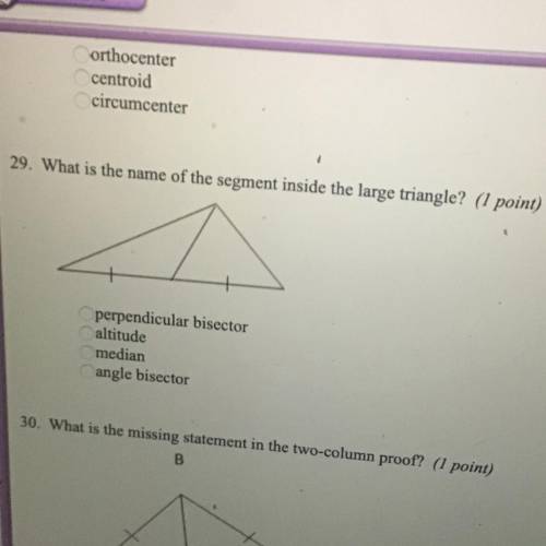 29. What is the name of the segment inside the large triangle?

perpendicular bisector
altitude
me