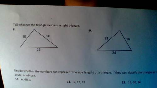 Tell whether the triangle below is a right triangle :)