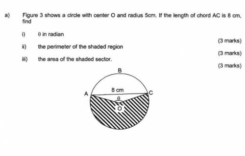 Figure 3 shows a circle with center O and radius 5cm. If the length of chord AC is 8 cm,

findi) ∅
