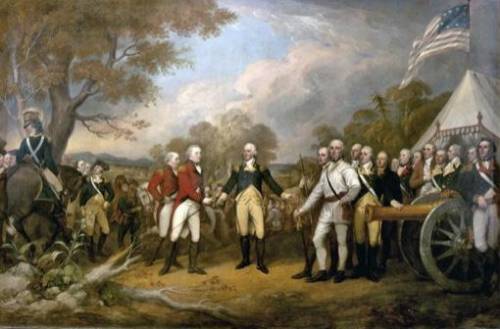 This painting shows the surrender of British General John Burgoyne at Saratoga, New York, on Octobe