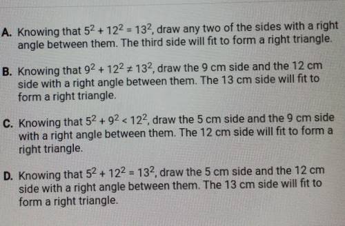 Select the procedure tha can be used to show the converse of the pythagorean theorem using side len