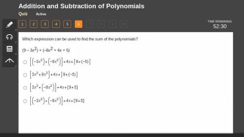 Which expression can be used to find the sum of the polynomials?
(9 – 3x2) + (–8x2 + 4x + 5)