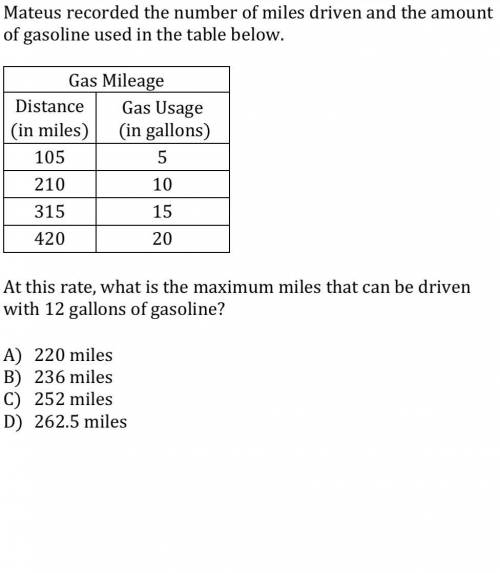 Mateus recorded the number of miles driven and the amount

of gasoline used in the table below. 
A
