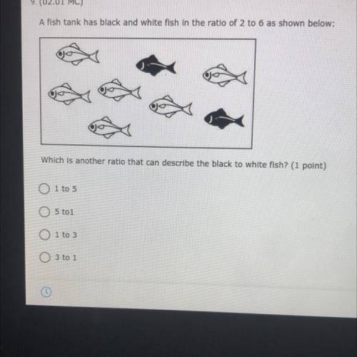 A fish tank has black and white fish in the ratio of 2 to 6 as shown below:

Which is another rati