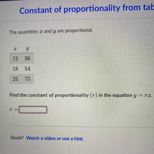 Find the constant of proportionality (r) in the equation y=rx